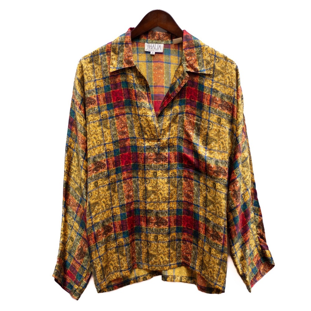 Vtg 70s THALIA Italian Silk Blouse S Relaxed Plaid Paisley Boho Festival Hippie